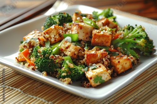 Quinoa salad with broccoli tofu cilantro and sesame ginger dressing on a square white plate on a bamboo mat