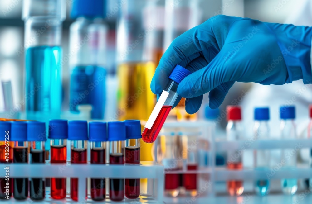 Scientist analyzing a blood test tube in a lab Scientist analyzing a blood test tube in a lab