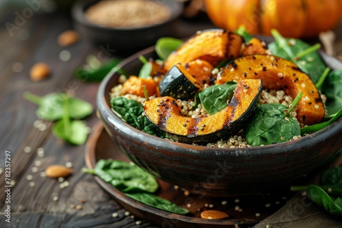 Quinoa salad with grilled pumpkin fresh spinach on rustic wooden table Superfood concept Focus on food photo
