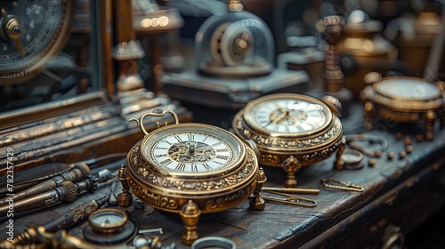 Detailed shot focusing on the careful restoration of antique clocks, showcasing the precision an