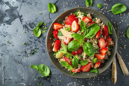 Quinoa salad with strawberries and Parmesan cheese top view with room for text