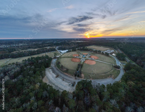 Aerial sunset landscape of Patriots Park baseball fields in Grovetown Augusta Georgia