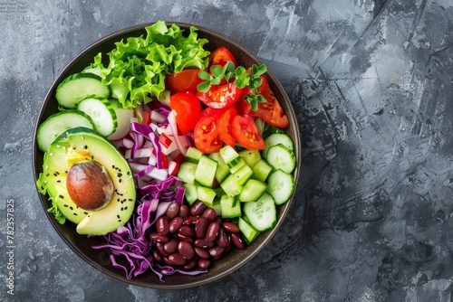Raw vegan salad bowl with avocado red bean and various fresh vegetables A healthy lunch option Top view