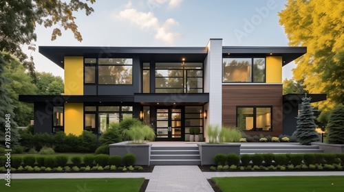 A chic suburban home featuring yellow accents, its clean lines and contemporary facade reflecting the vibrant spirit of modern family living. 