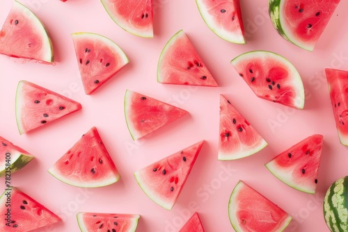 Red watermelon on pink background with summer vibes Flat lay with copy space