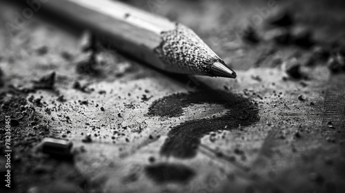 A sharpened pencil tip next to a question mark made of pencil shavings on a wooden table. photo