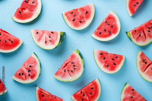 Red watermelon on blue background representing summer Flat lay view with space for text