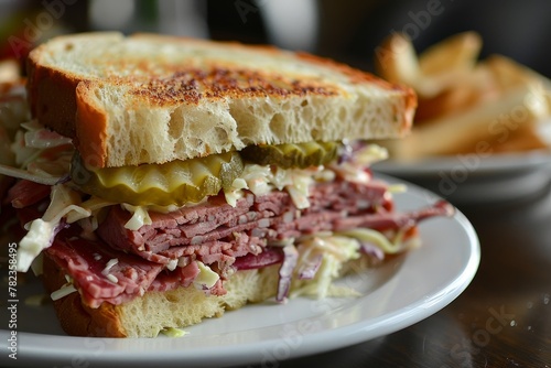 Reuben sandwich with pickles and slaw