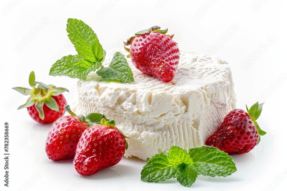 Ricotta cheese dessert with mint and strawberries on white background Ricotta cheese dessert with mint and strawberries on white background
