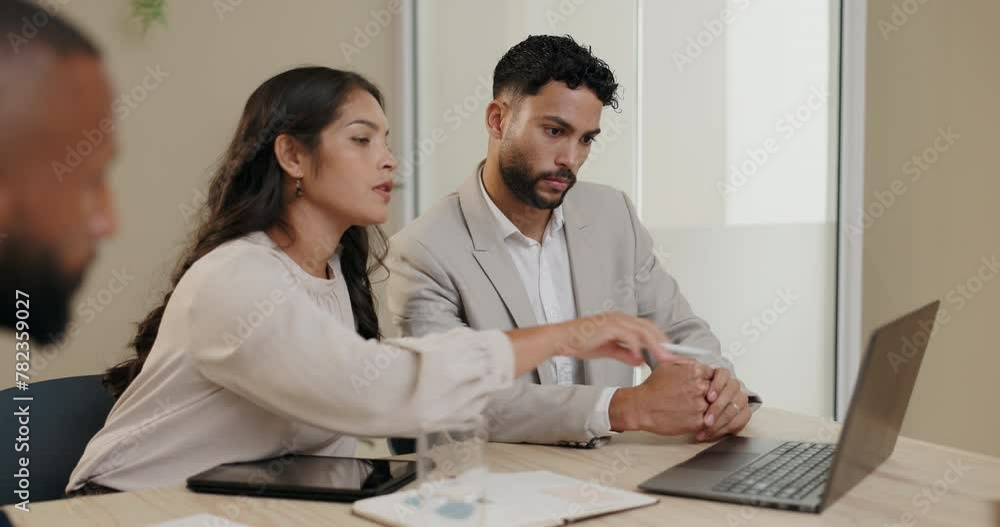 Business people, teamwork and thinking by computer for strategy, brainstorming and advice in meeting. Professional accountant, auditor or employees on laptop for ideas, decision or solution in office Business people, teamwork and thinking by computer for strategy, brainstorming and advice in meeting. Professional accountant, auditor or employees on laptop for ideas, decision or solution in office