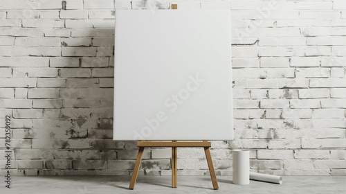 Canvas mockup, blank screen canvas on wooden art stand, white brick wall art room background, 3d