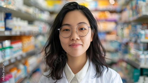 Asian pharmacist or sales person in a store