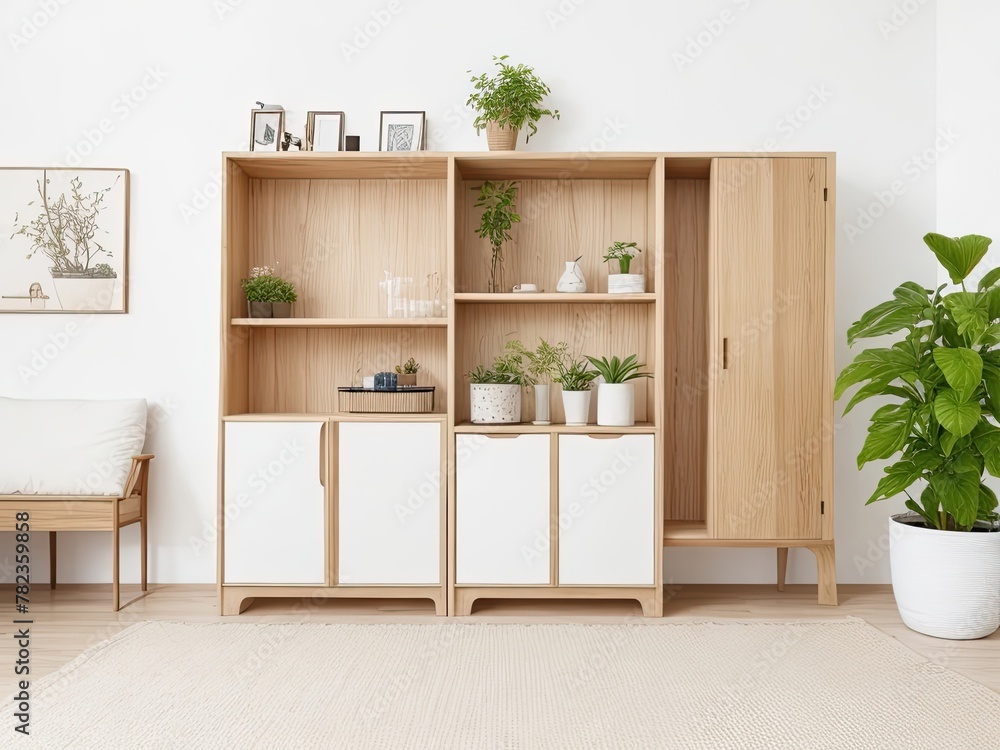 Fototapeta premium Interior living room with wooden cabinet and accessories against blank white wall background