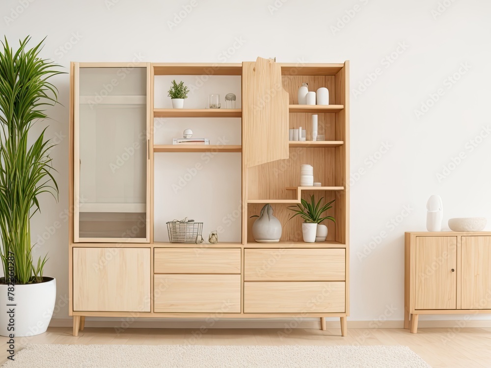 Interior living room with wooden cabinet and accessories against blank white wall background Interior living room with wooden cabinet and accessories against blank white wall background