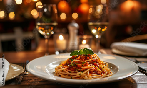 A pkate of spaghetti on the table in the restaurant