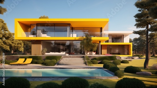 A contemporary house with a vibrant yellow facade, its modern architecture blending seamlessly with the surrounding landscape, radiating warmth and energy. -