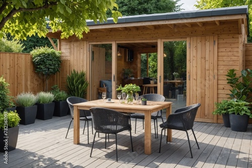 Table and chairs arranged in patio with wooden shed and plants in background outside modern house during sunny day