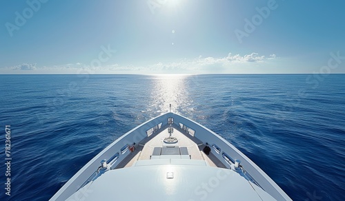 Wide angle shot of front of the yacht in summer time 