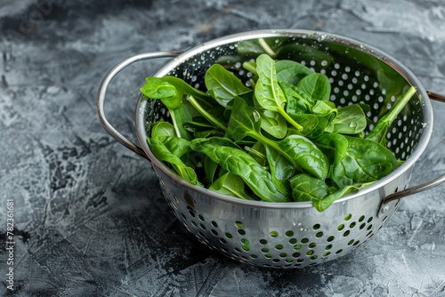 Rinsed mini spinach in a colander on a concrete table