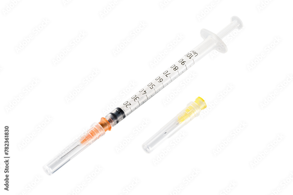 Plastic insulin syringe isolated on white background. Close-up Plastic insulin syringe isolated on white background. Close-up