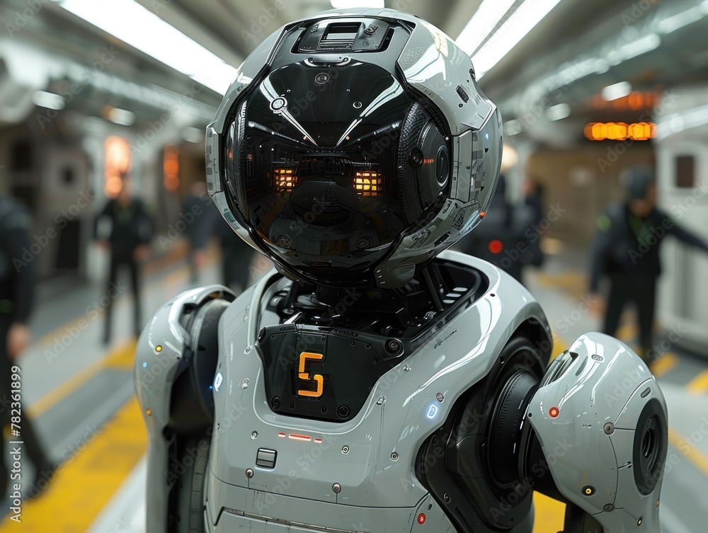 A robot stands in a busy subway station among commuters A robot stands in a busy subway station among commuters