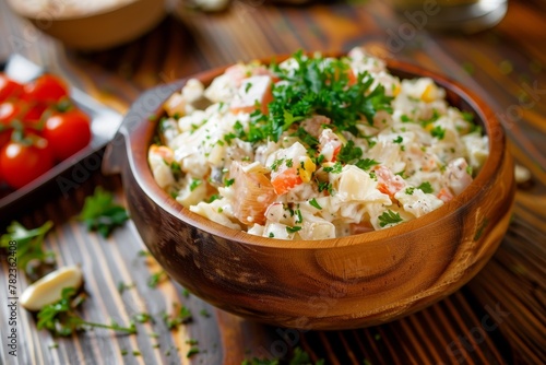 Russian salad in wooden bowl on table