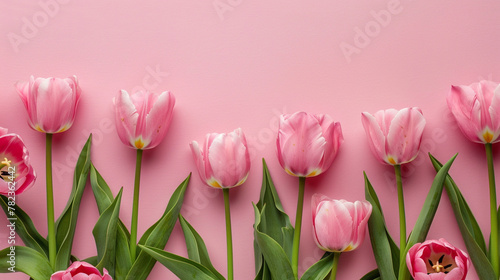 Pink tulip flower arrangement with pink background and copy space #782362442