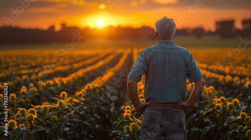 Rear view of senior farmer standing in corn field examining crop at sunset