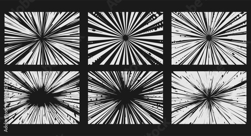 Comic strip black burst vector set illustration. Abstract cartoon design speed explosion and superhero effect frame. Radial motion action art and manga light anime striped
