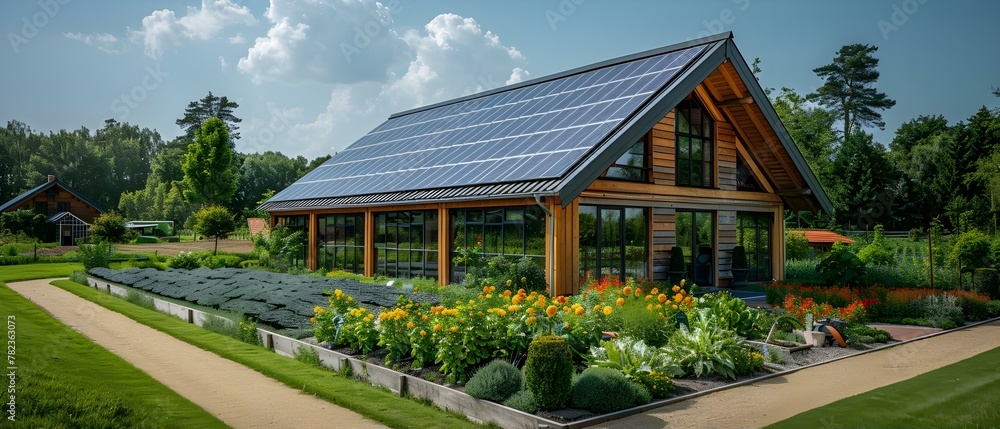 Sustainable Garden Oasis with Solar Power. Concept Eco-friendly Gardening, Sustainable Landscaping, Solar-Powered Living, Green Garden Retreat, Self-Sufficient Oasis - obrazy, fototapety, plakaty 