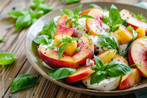 Salad with peach basil and mozzarella on a plate