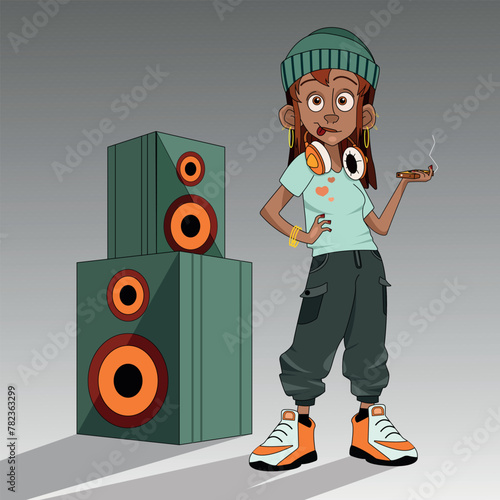 girl standing near the subwoofer girl in sportswear music girl rapper music black girl wearing headphones, vector illustration EPS10 