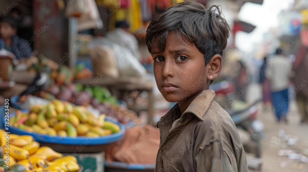 Portrait of a young boy in a market with a serious expression. Social issues and poverty concept for documentary, journalism, and human interest stories