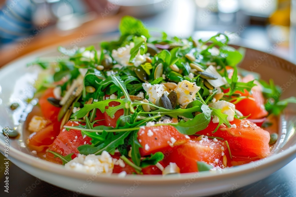 Salad with watermelon feta pumpkin seeds arugula spinach mint Salad with watermelon feta pumpkin seeds arugula spinach mint