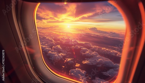 Scenic sunset view through airplane window Image save path for aircraft window