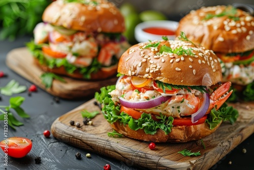 Seafood burgers with veggies on wooden planks