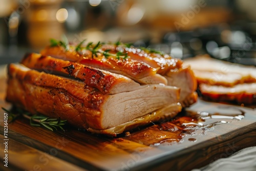 Selective focus on table with roasted pork slices