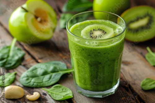 Selective focus on ingredients in green smoothie blend