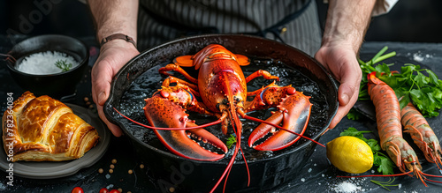 hands of cook in front of a Boiled Maine Lobster: Live lobsters are cooked in a large pot of boiling water seasoned with sea salt, vegetables and pastry around bowl