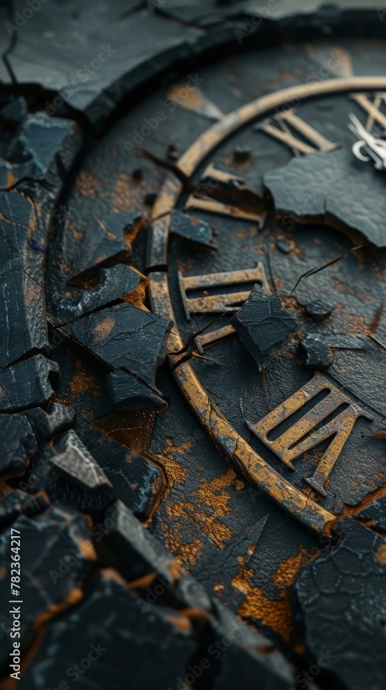 Shattered Clock Dial in HDR, Close-Up View of Broken Pieces Showing Intricate Details of Timepiece Dismantlement Concept. Shattered Clock Dial in HDR, Close-Up View of Broken Pieces Showing Intricate Details of Timepiece Dismantlement Concept.