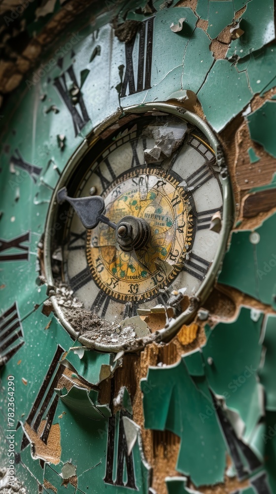 Obraz premium Close-Up of a Shattered Clock Dial Showing Detailed Cracks, Illustrating Fragility and Time's Impact.