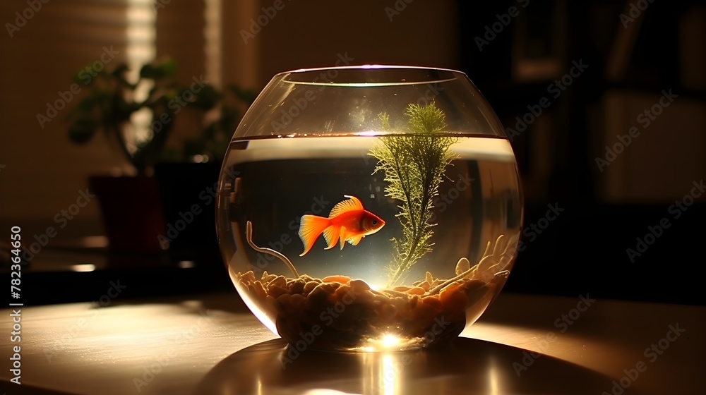 Golden Fish in a Round Bowl with Evening Sunlight and Houseplant Silhouette Golden Fish in a Round Bowl with Evening Sunlight and Houseplant Silhouette