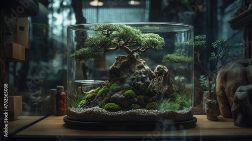 Serene Terrarium Bonsai Tree Enclosed in a Glass Jar on a Wooden Table.