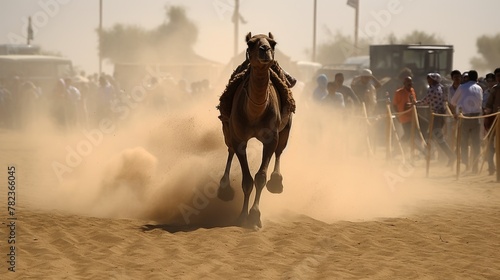 Golden Dust Trail at Desert Camel Race with Spectators