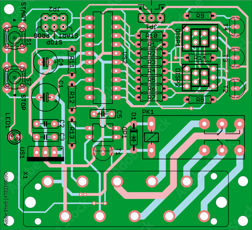 Vector printed circuit board of electronic 
device with components of radio elements, 
conductors and contact pads placed on it. 
Engineering drawing.