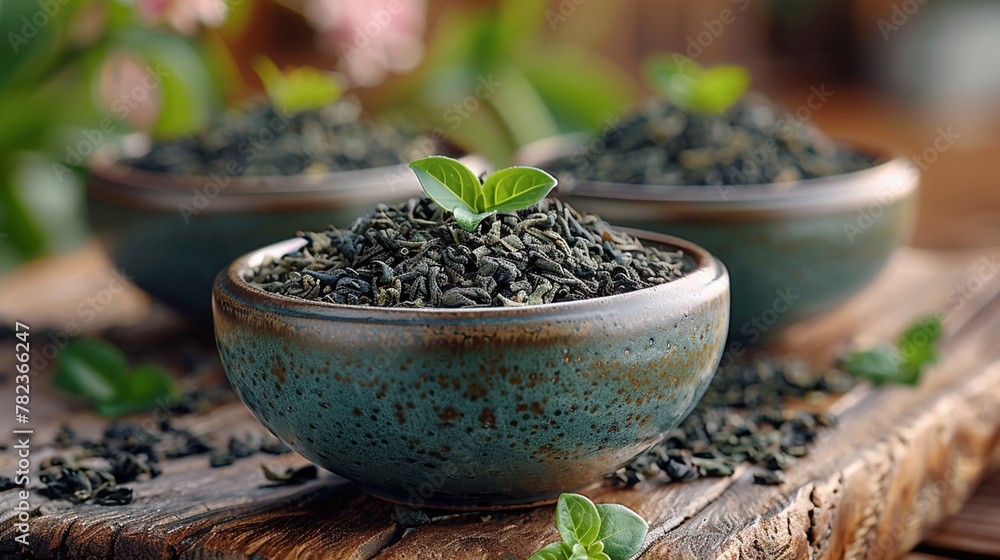 wide closeup photo of premium green tea filled green color ceramic bowl with a tea leaf on it wide closeup photo of premium green tea filled green color ceramic bowl with a tea leaf on it