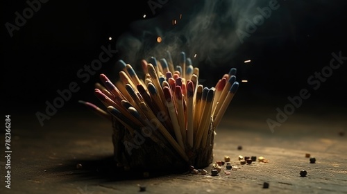 Ignited Matchsticks in Wooden Bundle on Dark Background with Smoke and Glowing Embers photo