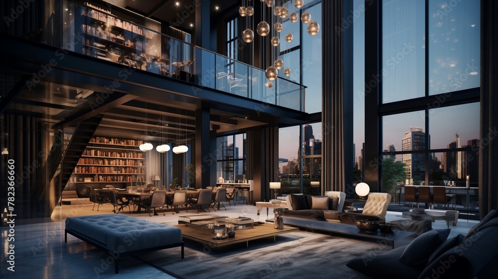 A luxurious urban loft with large glass panels, its interior lights creating a striking contrast against the darkness outside, showcasing the modern interior design.