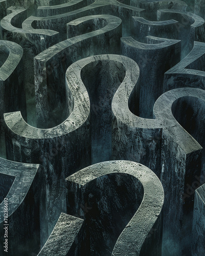 A maze of question marks with multiple paths, symbolizing the journey through uncertainty and the quest for clarity