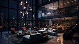 A luxurious urban loft with large glass panels, its interior lights creating a striking contrast against the darkness outside, showcasing the modern interior design.